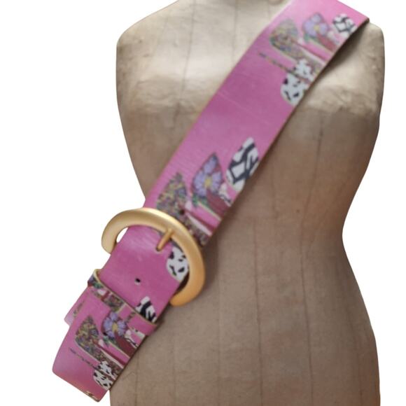 VTG Jeon Los Angeles Made in Italy Pink Leather Floral Gold Satin Buckle Md RARE - Picture 2 of 6
